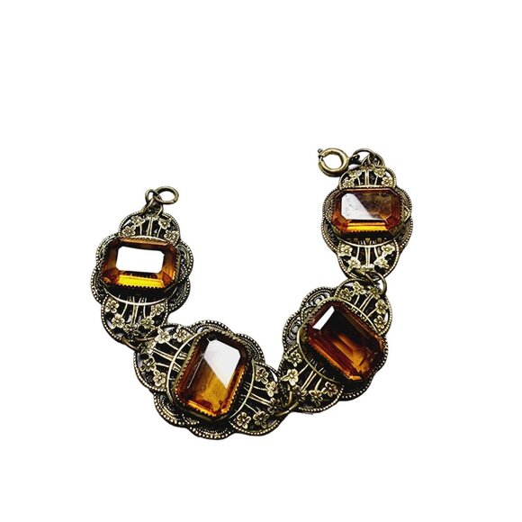 Vintage Czech Glass & Brass Bracelet (A1635) - Picture 2 of 6